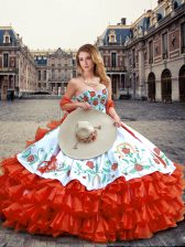  Orange Red Sweet 16 Dress Military Ball and Sweet 16 and Quinceanera with Embroidery and Ruffled Layers Sweetheart Sleeveless Lace Up