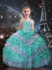 Sleeveless Beading and Ruffled Layers Lace Up Little Girls Pageant Gowns