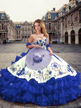 New Arrival Royal Blue Organza Lace Up Sweetheart Sleeveless Floor Length 15th Birthday Dress Embroidery and Ruffled Layers