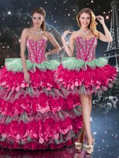 Superior Sleeveless Floor Length Beading and Ruffles and Ruffled Layers Lace Up Sweet 16 Dress with Multi-color