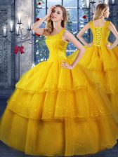 Beauteous Ball Gowns Sweet 16 Dresses Gold Straps Organza Sleeveless Floor Length Lace Up