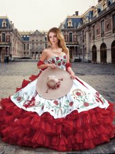 Traditional Wine Red Ball Gowns Sweetheart Sleeveless Organza Floor Length Lace Up Embroidery and Ruffled Layers 15 Quinceanera Dress