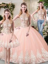 Unique Peach High-neck Backless Beading and Lace and Appliques Sweet 16 Dress Sleeveless