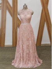 Custom Design Scoop Sleeveless Homecoming Dress Floor Length Brush Train Beading Pink Chiffon and Lace