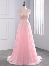 Elegant V-neck Sleeveless Chiffon Evening Dress Appliques Brush Train Side Zipper