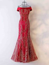 Super Mermaid Dress for Prom Wine Red Off The Shoulder Chiffon Sleeveless Floor Length Lace Up