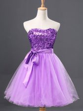 Sexy Sashes ribbons and Sequins Evening Dress Lavender Zipper Sleeveless Mini Length