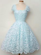 Discount Knee Length Aqua Blue Court Dresses for Sweet 16 Straps Cap Sleeves Lace Up