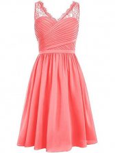  Sleeveless Chiffon Knee Length Side Zipper Dama Dress in Watermelon Red with Lace and Ruching
