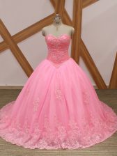 New Arrival Rose Pink Ball Gowns Sweetheart Sleeveless Tulle Brush Train Lace Up Beading and Lace Quinceanera Dresses