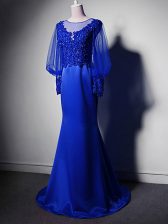 Hot Sale Royal Blue Scoop Clasp Handle Beading and Lace and Appliques Homecoming Dress Brush Train Long Sleeves
