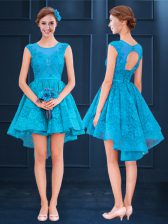  Lace Vestidos de Damas Baby Blue Lace Up Sleeveless High Low