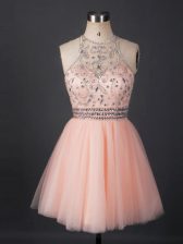  Mini Length Peach Prom Dresses Scoop Sleeveless Lace Up