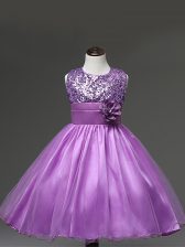  Sleeveless Zipper Knee Length Sequins and Hand Made Flower Little Girl Pageant Dress