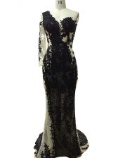  One Shoulder Long Sleeves Homecoming Dress Floor Length Beading and Appliques Black Tulle