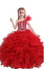 Unique One Shoulder Sleeveless Little Girl Pageant Dress Floor Length Beading and Ruffles Red Organza