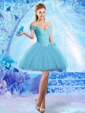 Nice Off The Shoulder Sleeveless Prom Evening Gown Mini Length Lace and Appliques Aqua Blue Tulle