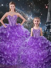 Floor Length Eggplant Purple Quinceanera Dresses Organza Sleeveless Beading and Ruffles