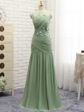 Simple Olive Green Chiffon Zipper Scoop Sleeveless Prom Dress Brush Train Ruching and Hand Made Flower