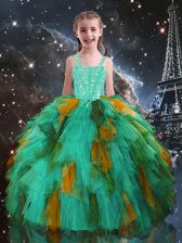 High Quality Sleeveless Tulle Floor Length Lace Up Little Girls Pageant Dress Wholesale in Turquoise with Beading and Ruffles