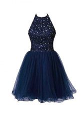 Exceptional Navy Blue Halter Top Neckline Beading Evening Dress Sleeveless Zipper