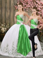 Chic White Two Pieces Organza Sweetheart Sleeveless Embroidery and Belt Floor Length Lace Up Sweet 16 Dresses