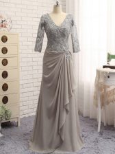 Fancy Floor Length Grey Prom Evening Gown V-neck Long Sleeves Zipper