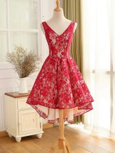 Customized Sleeveless Lace High Low Backless in Red with Lace and Appliques