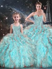  Floor Length Aqua Blue Quinceanera Gowns Organza Sleeveless Beading and Ruffles