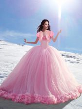 Popular Off The Shoulder Sleeveless Brush Train Lace Up Sweet 16 Dress Baby Pink Tulle