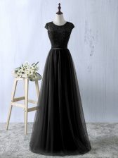  Sleeveless Tulle Floor Length Zipper Evening Dress in Black with Lace