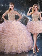 Fitting Sweetheart Sleeveless Organza 15 Quinceanera Dress Beading and Ruffles Lace Up