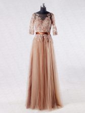  Half Sleeves Floor Length Lace and Appliques Zipper Dress for Prom with Brown