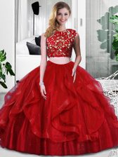 Clearance Sleeveless Floor Length Lace and Ruffles Zipper Vestidos de Quinceanera with Wine Red