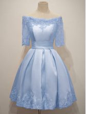 Exceptional Half Sleeves Knee Length Lace Lace Up Court Dresses for Sweet 16 with Light Blue