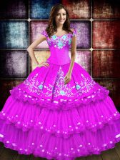 Cheap Fuchsia Taffeta Lace Up Sweet 16 Dresses Sleeveless Floor Length Embroidery and Ruffled Layers