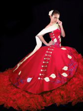 Attractive Red Ball Gowns Taffeta V-neck Sleeveless Embroidery and Ruffles Lace Up Quinceanera Dress Brush Train