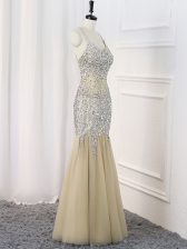  Champagne Straps Criss Cross Beading Evening Dress Sleeveless