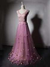 Perfect Lilac Sleeveless Beading and Lace and Appliques and Hand Made Flower Lace Up 