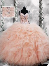  Floor Length Ball Gowns Sleeveless Peach Quinceanera Gowns Lace Up