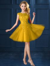  Gold Cap Sleeves Lace and Appliques Knee Length Vestidos de Damas