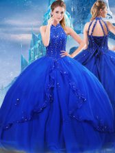  Beading and Ruffles Sweet 16 Dress Royal Blue Lace Up Sleeveless Brush Train