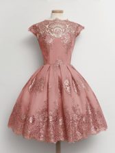 Custom Made Scalloped Cap Sleeves Lace Up Dama Dress for Quinceanera Pink Tulle