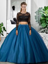 Glorious Blue Backless 15th Birthday Dress Lace and Ruching Long Sleeves Floor Length