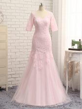 Dazzling Baby Pink V-neck Zipper Lace and Appliques Prom Dresses Half Sleeves