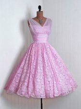 Low Price Lilac A-line Lace V-neck Sleeveless Lace Mini Length Lace Up Dama Dress for Quinceanera