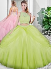 Dazzling Yellow Green Tulle Lace Up Scoop Sleeveless Floor Length Quince Ball Gowns Lace and Ruching