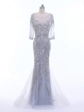  Scoop 3 4 Length Sleeve Brush Train Zipper Prom Dresses Silver Tulle