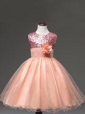  Ball Gowns Kids Formal Wear Peach Scoop Tulle Sleeveless Knee Length Zipper