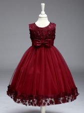  Sleeveless Zipper Tea Length Appliques and Bowknot Little Girls Pageant Gowns